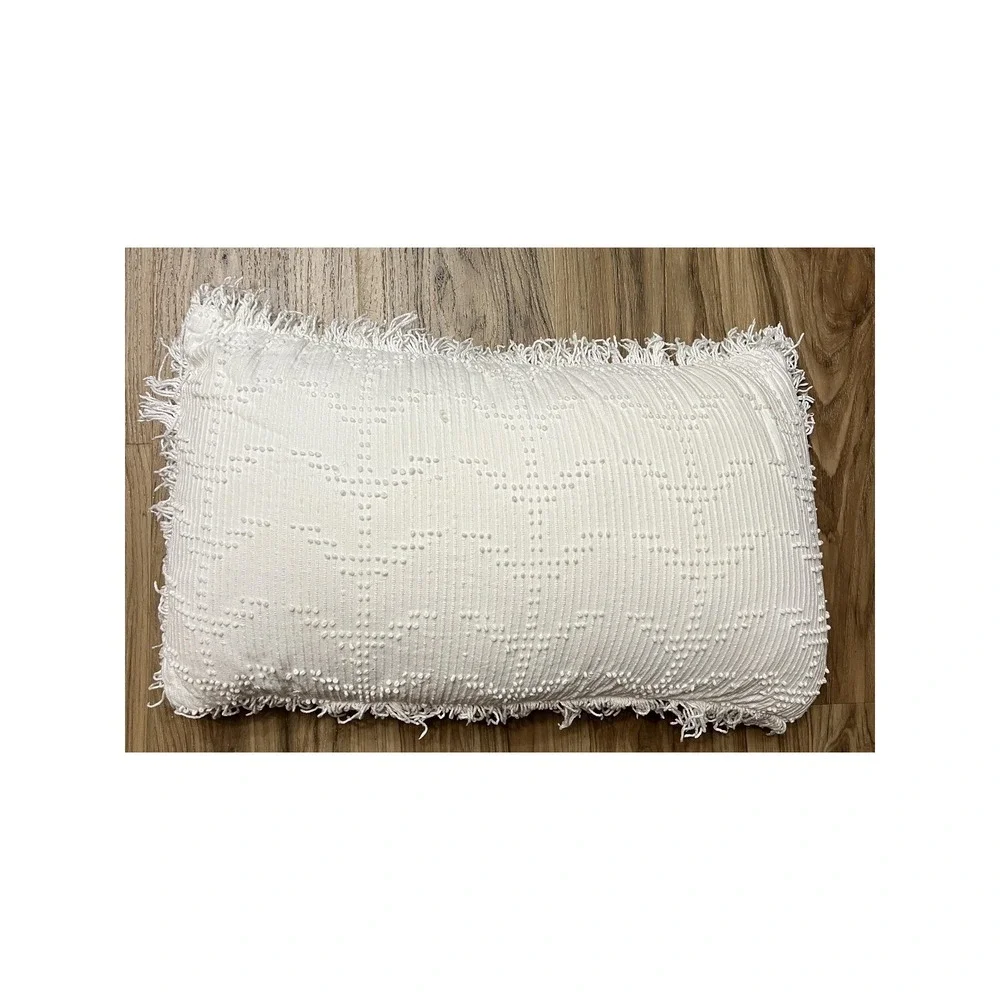 DKNY Throw Pillow White Cotton Textured Lumbar Decorative Fringe Trim 12x22